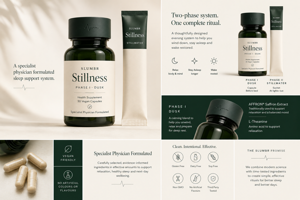 Slumbr Stillness — Phase I Dusk green glass capsule bottle beside the Phase II Stillwater sachet on an ivory background