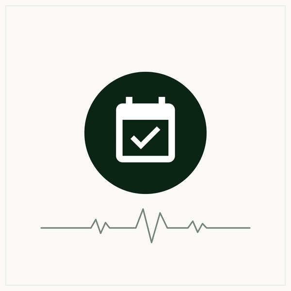 Follow-up Sleep Consultation — deep-green calendar-check icon on ivory with EEG waveform
