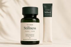 Slumbr Stillness two-phase system — Dusk capsule and Stillwater sachet with benefits and ingredient highlights